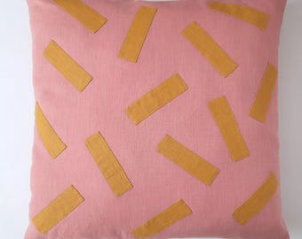 Unique Mid-century style cushion cover, pink and gold geometric pillow cover, sustainable home decor, fun colourful linen cushion cover