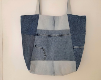 Eco friendly upcycled modern patchwork denim tote bag, sustainable fashion denim jeans bag, timeless roomy denim shoulder bag with pockets