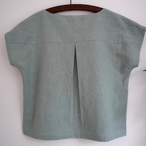 Linen loose fit top, pleat-back boxy 80's style linen top, minimalist linen blouse, duck-egg blue linen boat neck top image 1