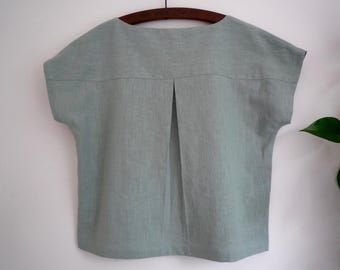 Linen loose fit top, pleat-back boxy 80's style linen top, minimalist linen blouse, duck-egg blue linen boat neck top