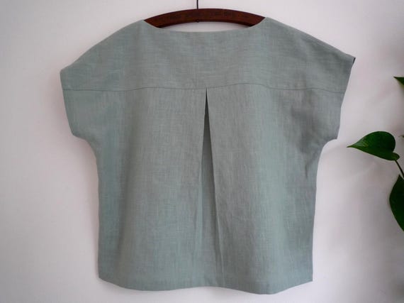Linen loose fit top, pleat-back boxy 80's style linen top, minimalist linen blouse, duck-egg blue linen boat neck top