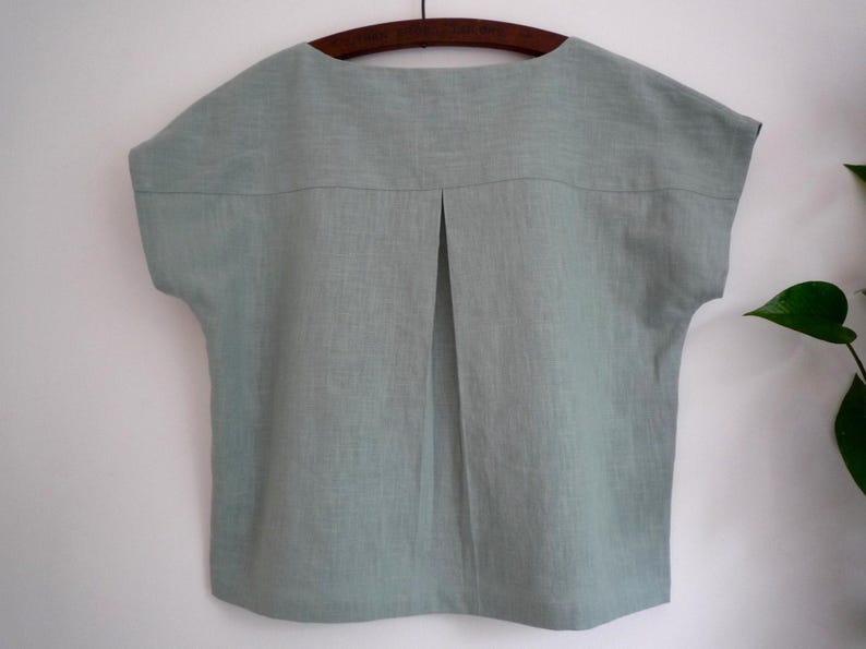 Linen loose fit top, pleat-back boxy 80's style linen top, minimalist linen blouse, duck-egg blue linen boat neck top image 1