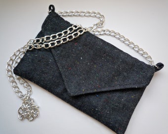Cross body denim chain strap retro 1980's style handbag, small unique contemporary evening bag