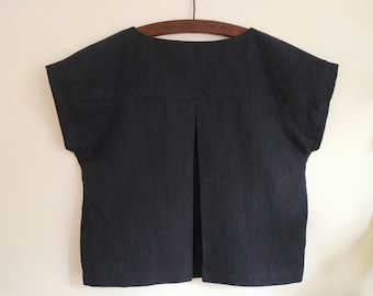 Navy blue linen loose fit top, navy blue boxy blouse, retro style top, pleat back linen blouse