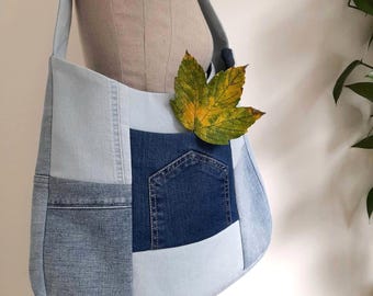 Demin patchwork shoulder bag, unique denim boho style bag, upcycled denim jeans bag with pockets, sustainable gift for women