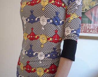 Retro Globe Print Top, Rockabilly Polka Dot T-Shirt, Three-Quarter Sleeve