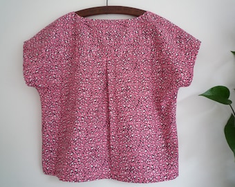 Pink leopard print top, 80s style boxy cotton top, colourful animal print loose fit top, unique pleat back blouse, easy fit blouse.