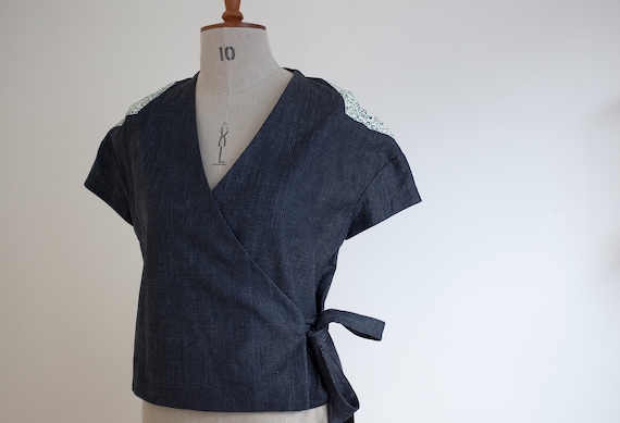 Linen tie waist wrap top in Navy blue with quirky shoulder cut-outs, indigo summer top for women, unique wrap top