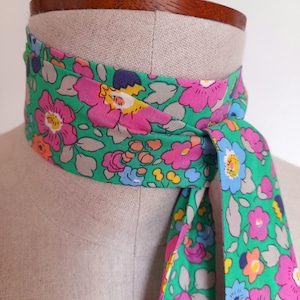 Green floral Liberty print skinny neck-tie, colourful slim scarf, flower print narrow scarf