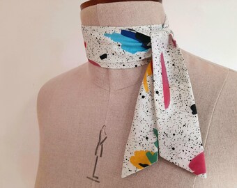 Colourful Memphis style printed skinny neck tie scarf, gift for women,