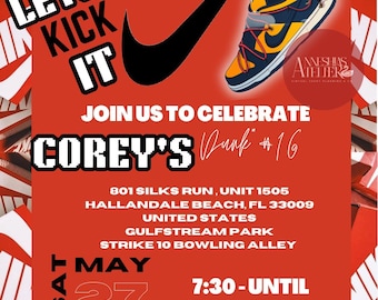 May include: A red and white flyer with a black Nike swoosh logo. The flyer advertises a "Corey's Dunk #16" event on Saturday, May 27th, from 7:30 to until. The event will be held at 801 Silks Run, Unit 1505, Hallandale Beach, FL 33009, United States. The flyer also includes a picture of a yellow and blue Nike shoe.