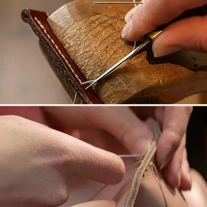 May include: Close-up of leather crafting. A person's hands are shown using a needle and thread to sew leather. The leather is brown and the thread is white. The needle is silver and the tool is gold.