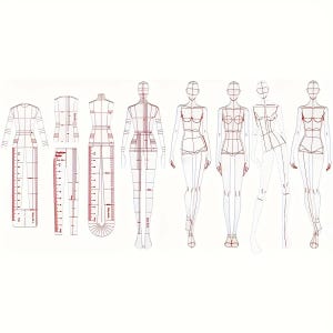 Puede incluir: Un conjunto de plantillas de diseño de moda con tres reglas técnicas con marcas de medición y cinco siluetas humanas estilizadas. Las reglas incluyen el texto Fashion Ruler y Size A4-L, mostrando marcas de escala métrica.