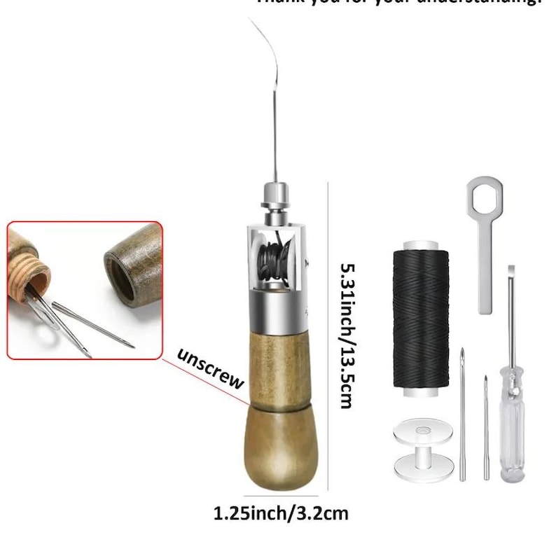 May include: A leathercraft stitching awl set with a wooden handle, metal components, and a needle. The awl is 5.31 inches/13.5 cm long and 1.25 inches/3.2 cm wide. Includes black thread, a screwdriver, and other tools.
