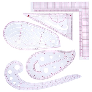 May include: A selection of transparent plastic sewing rulers and templates with red markings. The set includes various shapes, such as curves, angles, and straight edges, for accurate measurements. Suitable for pattern making and design.