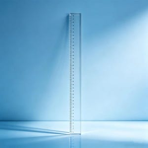 K&ouml;nnte beinhalten: Ein transparentes Acryl-Lineal, das vertikal aufgestellt ist. Das Lineal verf&uuml;gt &uuml;ber schwarz aufgedruckte Messmarkierungen entlang der Kante, mit sichtbaren Zahlen von 0 bis 30 Zentimetern, die eine pr&auml;zise Skala zur L&auml;ngenmessung in metrischen Einheiten bieten.