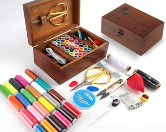 Sewing Kit with Thread, Scissors, Needles & Wooden Storage Box