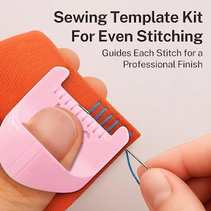 May include: A pink sewing template guides even stitching on orange fabric with blue thread. The text reads "Sewing Template Kit For Even Stitching" and "Guides Each Stitch for a Professional Finish".