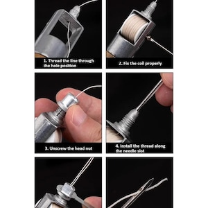 May include: A series of close-up images demonstrating the use of a silver and wooden chalk line reel. The steps include threading the line, fixing the coil, unscrewing the head nut, and installing the thread along the needle slot.