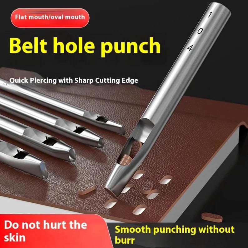 May include: A set of silver belt hole punches with the text "Belt hole punch" and "Quick Piercing with Sharp Cutting Edge". The punches are shown piercing a brown leather surface. The text "Do not hurt the skin" and "Smooth punching without burr" are also visible.