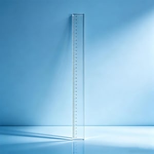 K&ouml;nnte beinhalten: Ein transparentes Acryl-Lineal, das vertikal aufgestellt ist. Das Lineal verf&uuml;gt &uuml;ber schwarz aufgedruckte Messmarkierungen entlang der Kante, mit sichtbaren Zahlen von 0 bis 30 Zentimetern, die eine pr&auml;zise Skala zur L&auml;ngenmessung in metrischen Einheiten bieten.