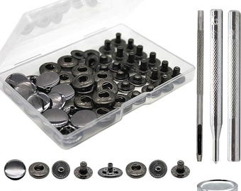 Kit de 12 botones a presión de cuero, botones a presión de metal de 15 mm, 4 herramientas de instalación, remaches y broches de cuero para ropa.