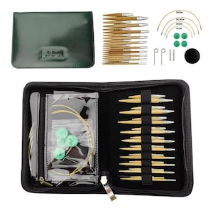 May include: A knitting needle set featuring bamboo tips with metal connectors, yellow circular cables in 14cm, 20cm, 24.5cm, and 30cm lengths, green end caps, metal tightening pins, and connectors, all organised in a black zippered case with a green pouch.