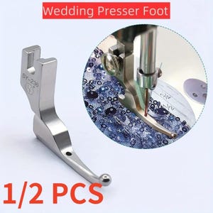 May include: A silver-coloured metal sewing machine presser foot labelled SY-236. The image includes a circular inset showing the presser foot attached to a sewing machine, stitching through blue sequined fabric. The text Wedding Presser Foot is visible.