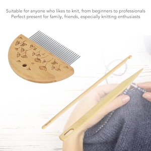May include: A semi-circular bamboo wool comb with metal teeth and a floral pattern, accompanied by two bamboo crochet hooks. The comb features a small circular hole, and the hooks have rectangular slots at the ends for yarn management.