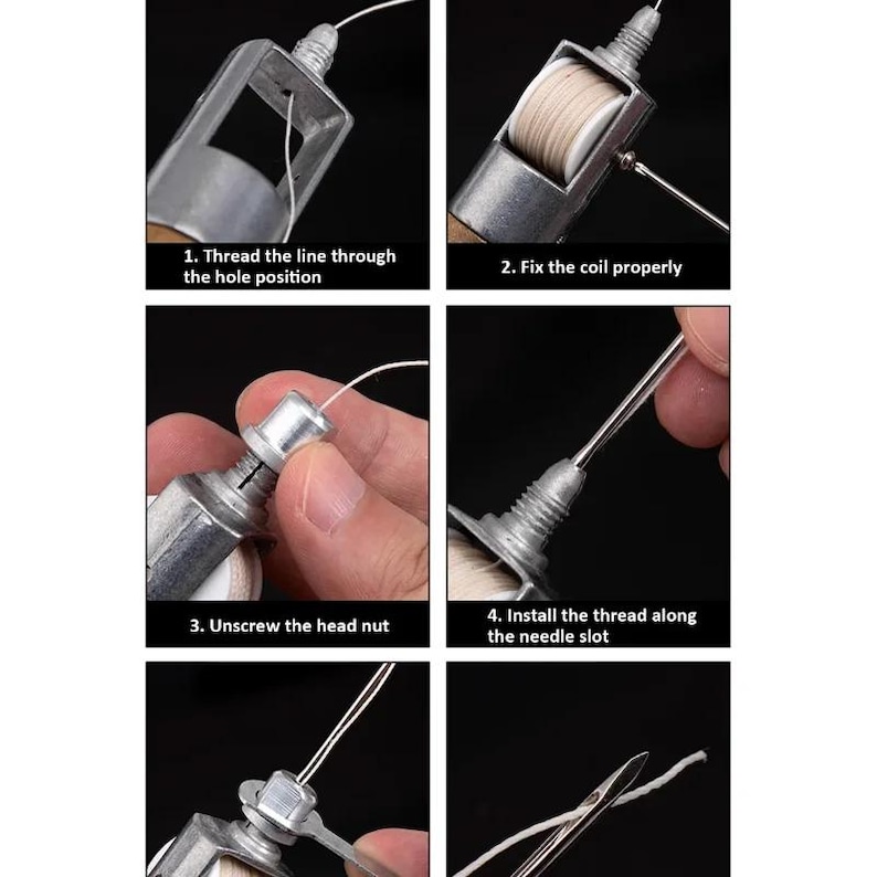 May include: A series of close-up images demonstrating the use of a silver and wooden chalk line reel. The steps include threading the line, fixing the coil, unscrewing the head nut, and installing the thread along the needle slot.