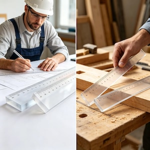 K&ouml;nnte beinhalten: Zwei transparente Acryl-Lineale mit schwarzen Messmarkierungen. Ein Lineal liegt auf einem Bauplan mit einem Bleistift, w&auml;hrend das andere an ein Holzbrett gehalten wird. Die Lineale verf&uuml;gen &uuml;ber klare, gut lesbare Skalierungen.