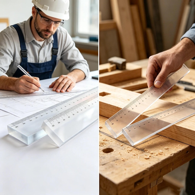 K&ouml;nnte beinhalten: Zwei transparente Acryl-Lineale mit schwarzen Messmarkierungen. Ein Lineal liegt auf einem Bauplan mit einem Bleistift, w&auml;hrend das andere an ein Holzbrett gehalten wird. Die Lineale verf&uuml;gen &uuml;ber klare, gut lesbare Skalierungen.