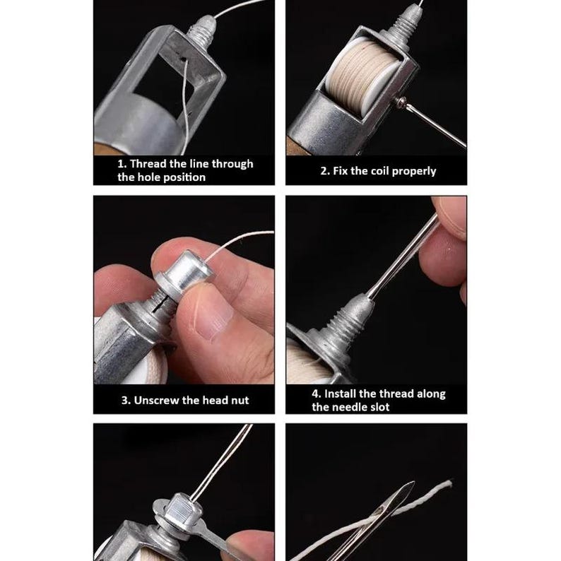May include: A series of close-up images demonstrating the use of a silver and wooden chalk line reel. The steps include threading the line, fixing the coil, unscrewing the head nut, and installing the thread along the needle slot.