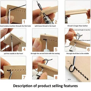 May include: Step-by-step guide demonstrating hand sewing techniques on leather. The images show the process of threading a needle, pulling the thread, and creating stitches. The text "Description of product selling features" is at the bottom.