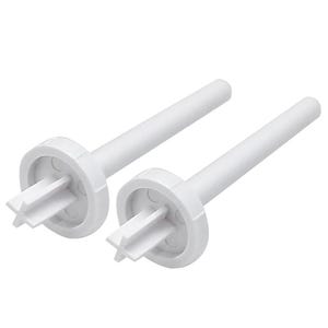 May include: Two white plastic replacement parts, each featuring a long cylindrical stem attached to a circular base. The base includes a central cross-shaped protrusion and three small circular indentations, designed for a specific mechanical fit.