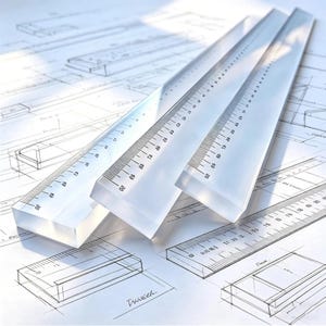 K&ouml;nnte beinhalten: Drei transparente, dreieckige Acryl-Ma&szlig;stabslineale mit aufgedruckten schwarzen Messmarkierungen. Jedes Lineal hat ein ausgepr&auml;gtes dreieckiges Profil und ist diagonal auf einem wei&szlig;en Blatt Papier mit technischen Architekturzeichnungen platziert.