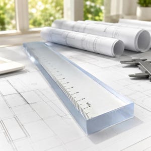 K&ouml;nnte beinhalten: Ein durchsichtiges, rechteckiges Acryl-Lineal mit schwarzen, aufgedruckten metrischen Markierungen ab 1 cm, das auf einem wei&szlig;en Architekturplan liegt. Das Lineal hat ein dickes, transparentes Profil und liegt neben gerollten Pl&auml;nen und einem Messschieber.