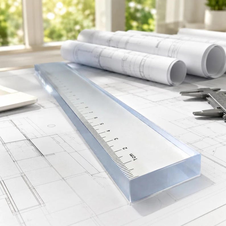 K&ouml;nnte beinhalten: Ein durchsichtiges, rechteckiges Acryl-Lineal mit schwarzen, aufgedruckten metrischen Markierungen ab 1 cm, das auf einem wei&szlig;en Architekturplan liegt. Das Lineal hat ein dickes, transparentes Profil und liegt neben gerollten Pl&auml;nen und einem Messschieber.