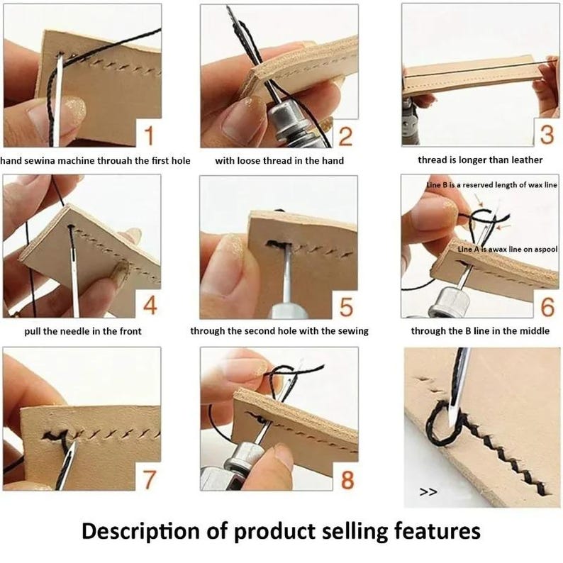 May include: Step-by-step guide demonstrating hand sewing techniques on leather. The images show the process of threading a needle, pulling the thread, and creating stitches. The text "Description of product selling features" is at the bottom.