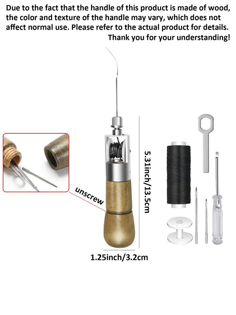May include: A leather sewing awl with a wooden handle, metal components, and a needle. The awl is 5.31 inches/13.5 cm long and 1.25 inches/3.2 cm wide. Additional tools include black thread, a wrench, and a screwdriver. The text in the image says "unscrew".