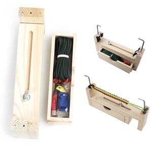 May include: A light-colored wooden paracord jig tool featuring a central adjustable sliding track with a metal wing nut, accompanied by a storage compartment containing dark green cord and various colorful plastic side-release buckles.