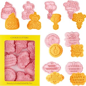 8PCS Happy Birthday Cookie Cutter Sets 3D Plastic Cookie Cutters with Plunger Stamps Pressable Biscuit Mold