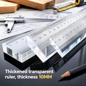 May include: A set of clear, thick acrylic rulers with black measurement markings. The rulers feature a 10mm thickness, clearly visible in the design. These drafting tools are positioned alongside technical drawings, a metal caliper, and a pencil.