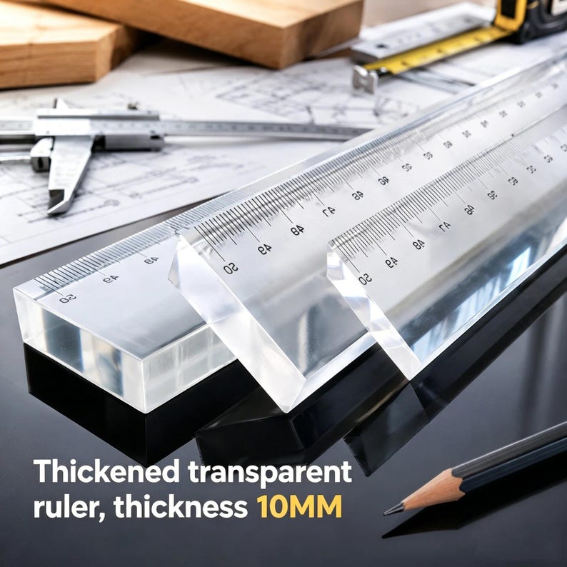 K&ouml;nnte beinhalten: Ein Set aus klaren, dicken Acryl-Linealen mit schwarzen Messmarkierungen. Die Lineale weisen eine deutlich sichtbare Dicke von 10 mm auf. Diese Zeichenwerkzeuge liegen neben technischen Zeichnungen, einem Messschieber und einem Bleistift.