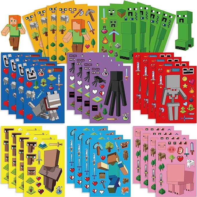 Pixel Make-a-face Stickers Sheets Make Your Own Stickers,Mixed & Matched with 8 Designed Characters(3 of Each)