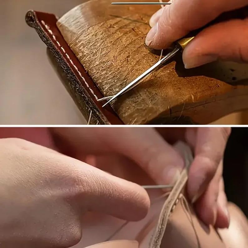 May include: Close-up of leather craft in progress. A person's hands are shown using a needle and awl to stitch together two pieces of brown leather. The leather is secured on a wooden work surface.