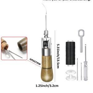 May include: A leather stitching awl with a wooden handle, metal components, and a needle. The awl is 5.31 inches/13.5 cm long and 1.25 inches/3.2 cm wide. Additional tools include black thread, a wrench, and a screwdriver. The text in the image says "unscrew".