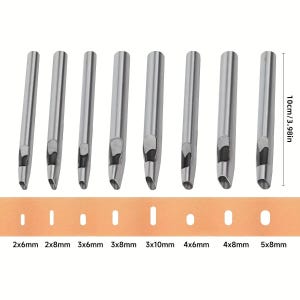 May include: A set of eight silver-colored leather craft punches with various sizes, including 2x6mm, 2x8mm, 3x6mm, 3x8mm, 3x10mm, 4x6mm, 4x8mm, and 5x8mm. A tan leather strip displays the punched hole sizes. The punches are approximately 3.98 inches (10cm) in length.