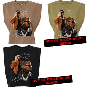 May include: Three sleeveless t-shirts in brown, olive green, and black, each featuring a graphic print of a person wearing sunglasses and a brown jacket, accompanied by a signature. The green and black shirts include text stating out of stock.