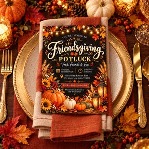 May include: A rectangular Friendsgiving potluck invitation card featuring autumn foliage, pumpkins, sunflowers, and lanterns. The text reads: You're invited to Friendsgiving Potluck, Food, Friends & Fun, Saturday, November 25, 5:00 PM - 7:00 PM, The Orange Rock & Bowl, 654 Autumn Lane, Austin, TX 8890, RSVP to Emily: 123-456-7890.